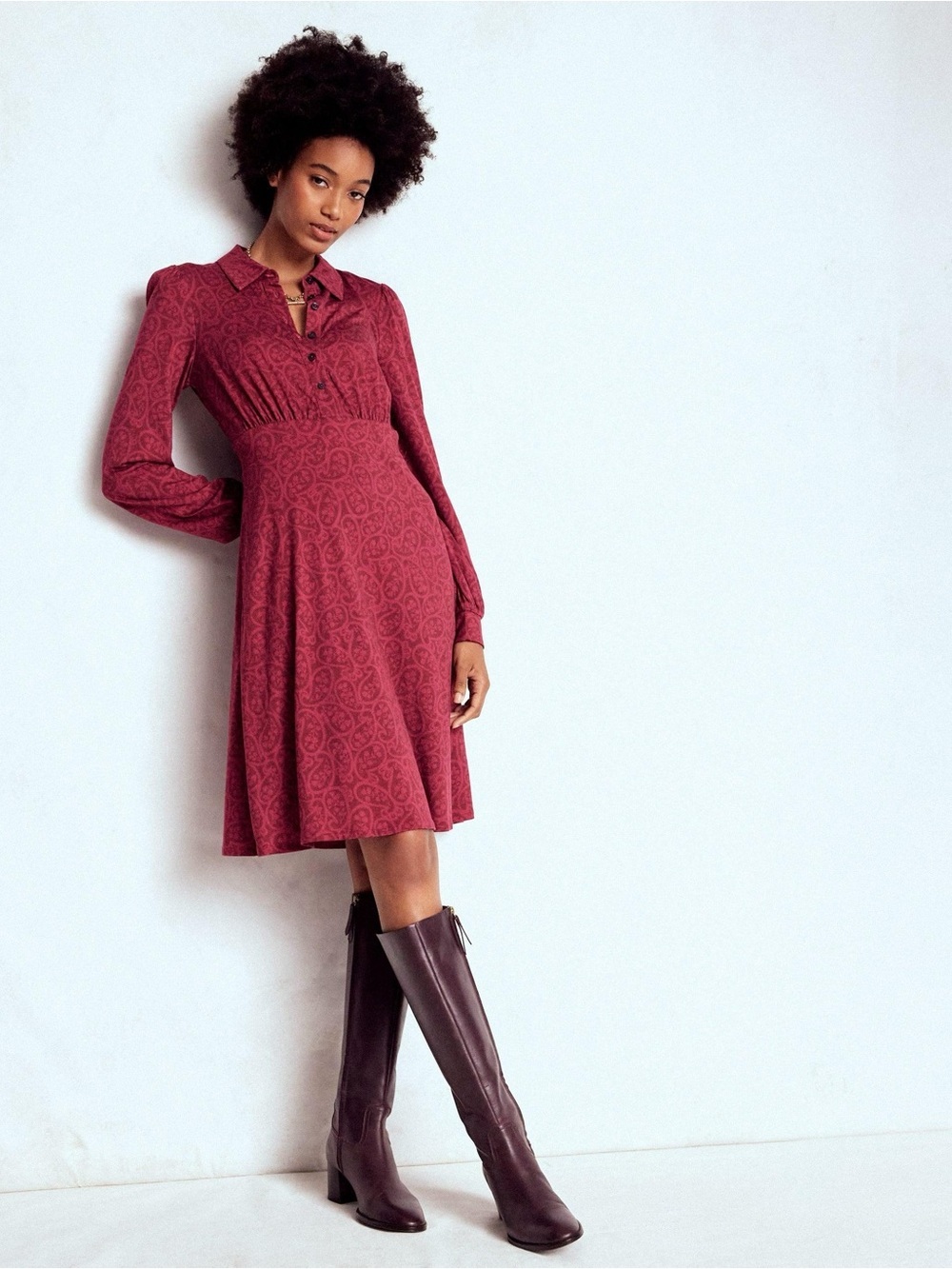 Boden Orla Short Jersey Shirt Dress Red Maroon Paisley Long Sleeve Size 6 Petite